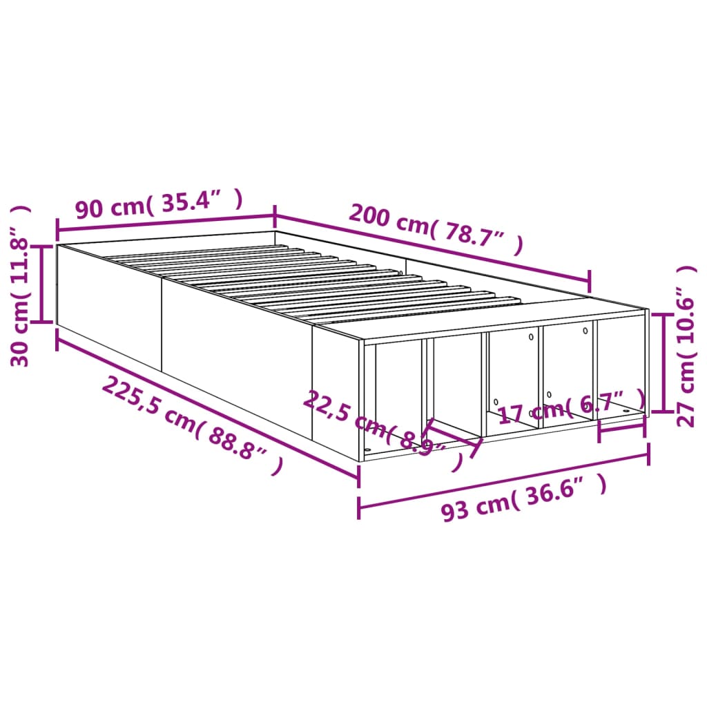 Bedframe bewerkt hout sonoma eikenkleurig 90x200 cm is nu te koop bij PeponiXL, paradijselijk wonen!