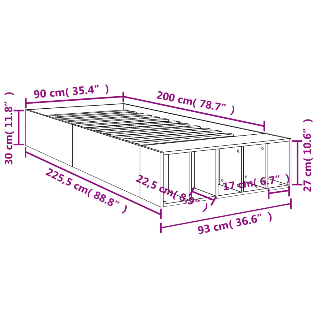Bedframe bewerkt hout grijs sonoma eikenkleurig 90x200 cm is nu te koop bij PeponiXL, paradijselijk wonen!