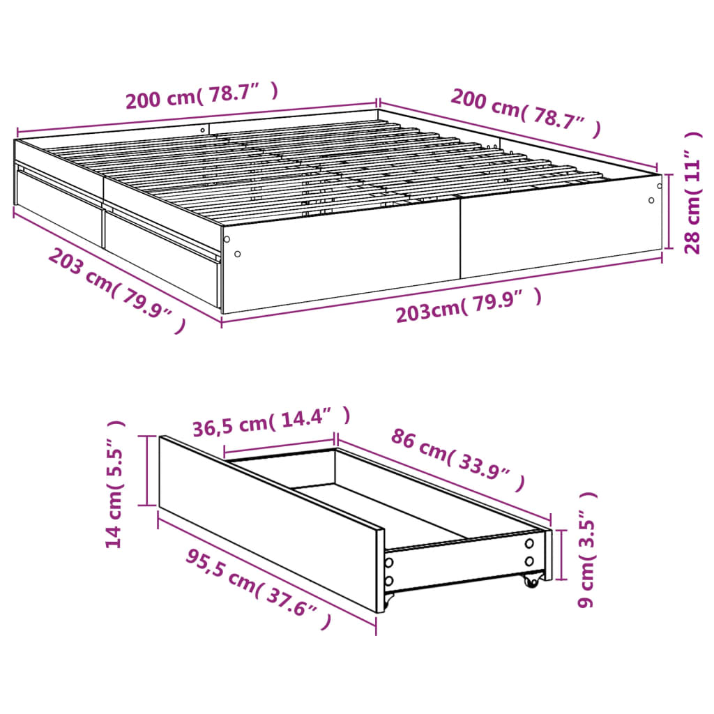 Bedframe met lades bewerkt hout zwart 200x200 cm is nu te koop bij PeponiXL, paradijselijk wonen!