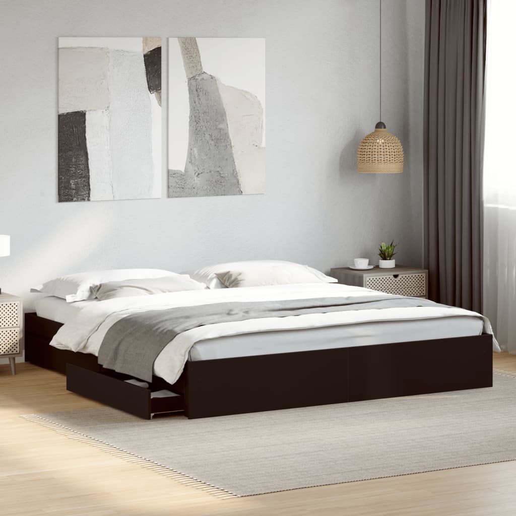 Bedframe met lades bewerkt hout zwart 200x200 cm is nu te koop bij PeponiXL, paradijselijk wonen!