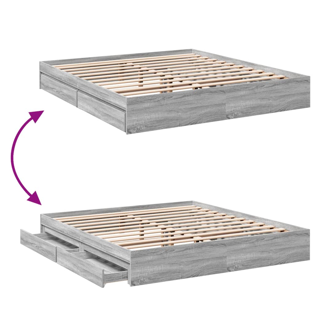 Bedframe met lades bewerkt hout grijs sonoma eiken 200x200 cm is nu te koop bij PeponiXL, paradijselijk wonen!