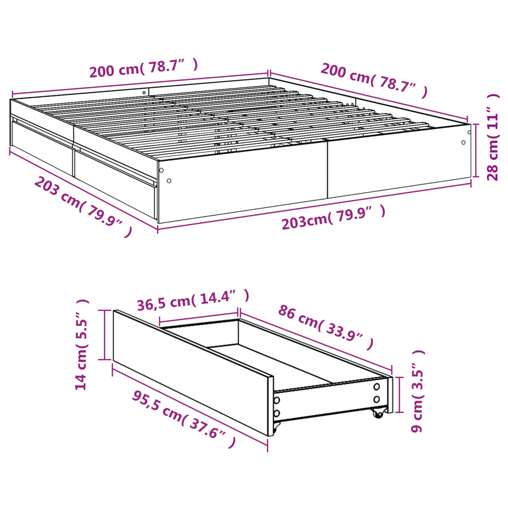 Bedframe met lades bewerkt hout grijs sonoma eiken 200x200 cm is nu te koop bij PeponiXL, paradijselijk wonen!