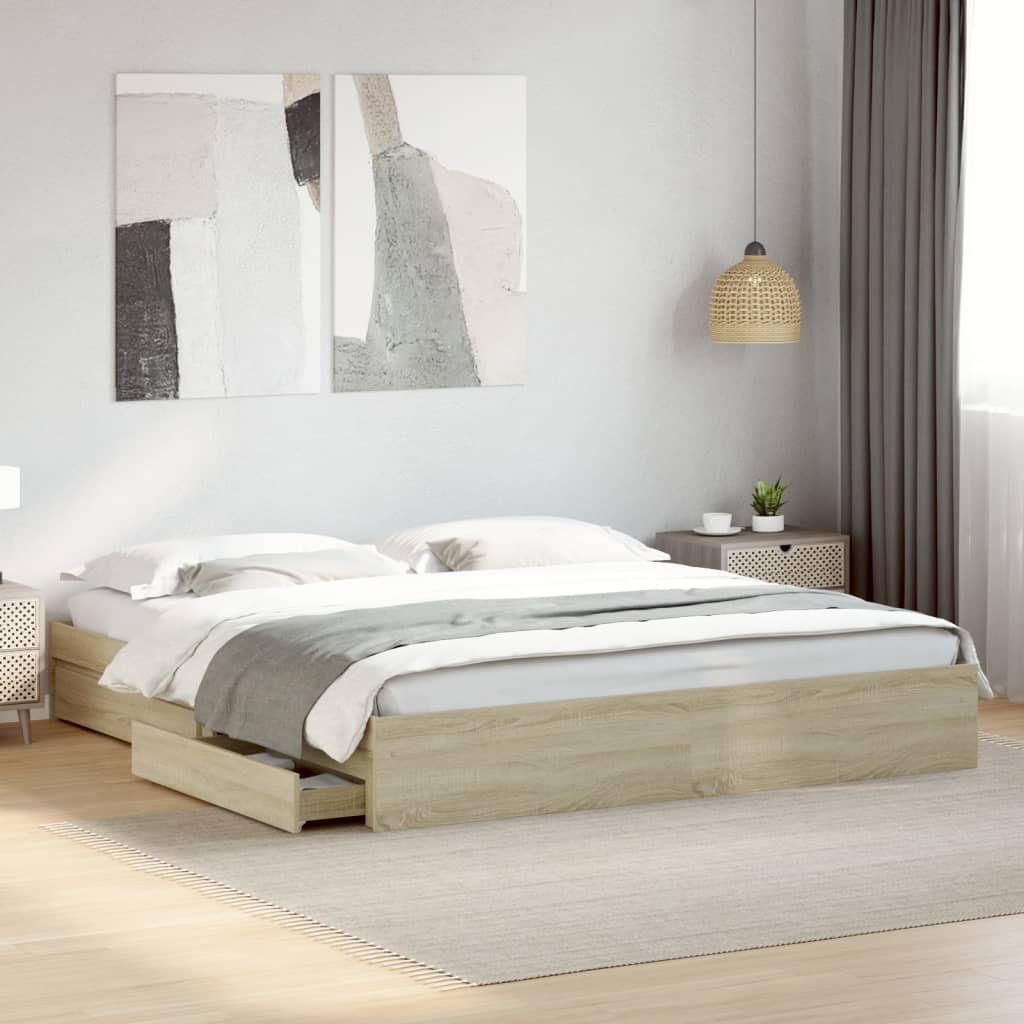 Bedframe met lades bewerkt hout sonoma eikenkleurig 180x200 cm is nu te koop bij PeponiXL, paradijselijk wonen!