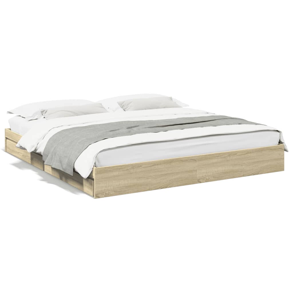 Bedframe met lades bewerkt hout sonoma eikenkleurig 180x200 cm is nu te koop bij PeponiXL, paradijselijk wonen!