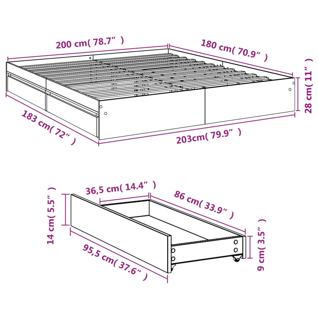 Bedframe met lades bewerkt hout grijs sonoma eiken 180x200 cm is nu te koop bij PeponiXL, paradijselijk wonen!