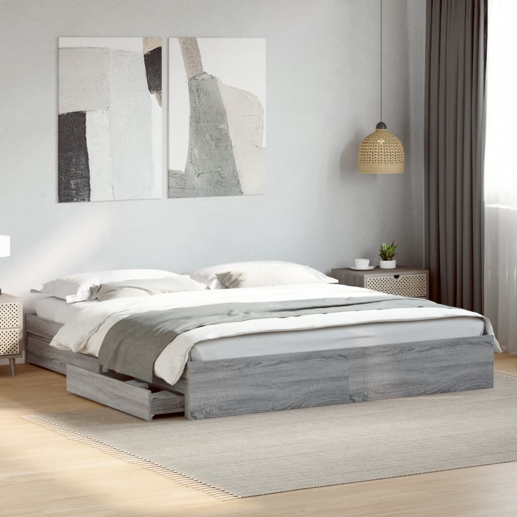 Bedframe met lades bewerkt hout grijs sonoma eiken 180x200 cm is nu te koop bij PeponiXL, paradijselijk wonen!