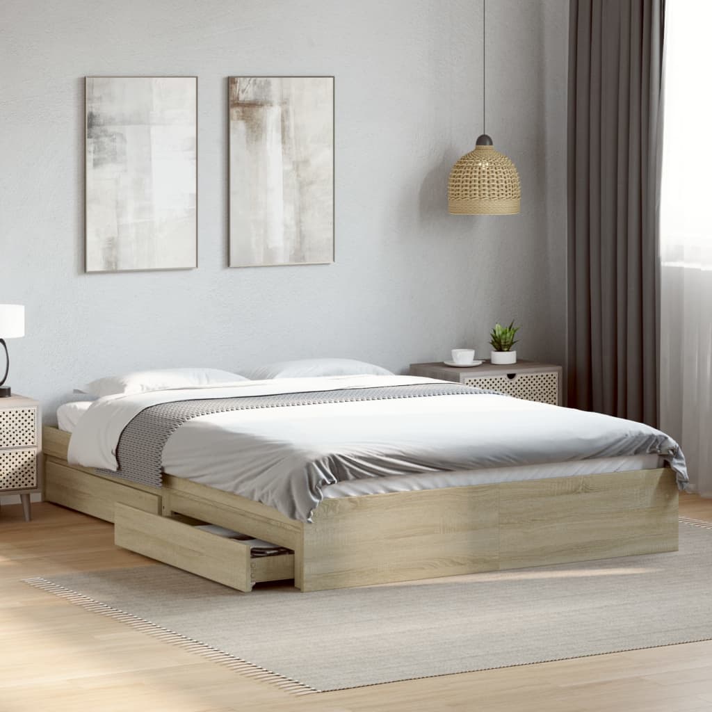 Bedframe met lades bewerkt hout sonoma eikenkleurig 160x200 cm is nu te koop bij PeponiXL, paradijselijk wonen!