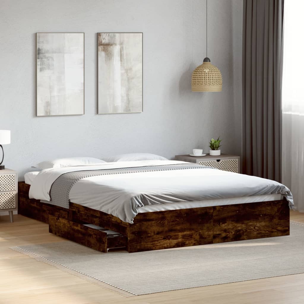 Bedframe met lades bewerkt hout gerookt eikenkleurig 160x200 cm is nu te koop bij PeponiXL, paradijselijk wonen!