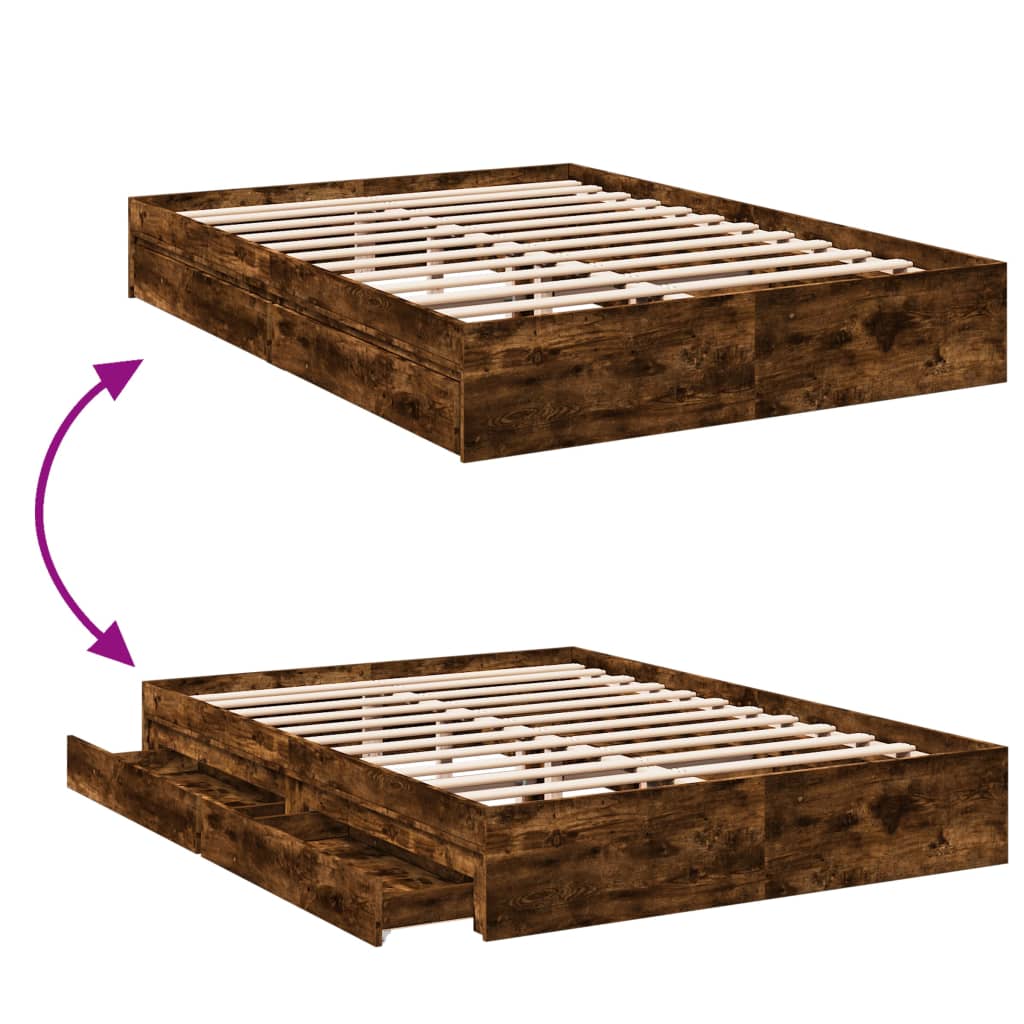 Bedframe met lades bewerkt hout gerookt eikenkleurig 160x200 cm is nu te koop bij PeponiXL, paradijselijk wonen!