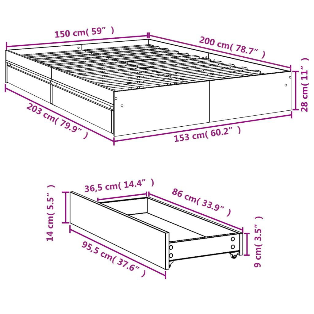 Bedframe met lades bewerkt hout sonoma eikenkleurig 150x200 cm is nu te koop bij PeponiXL, paradijselijk wonen!