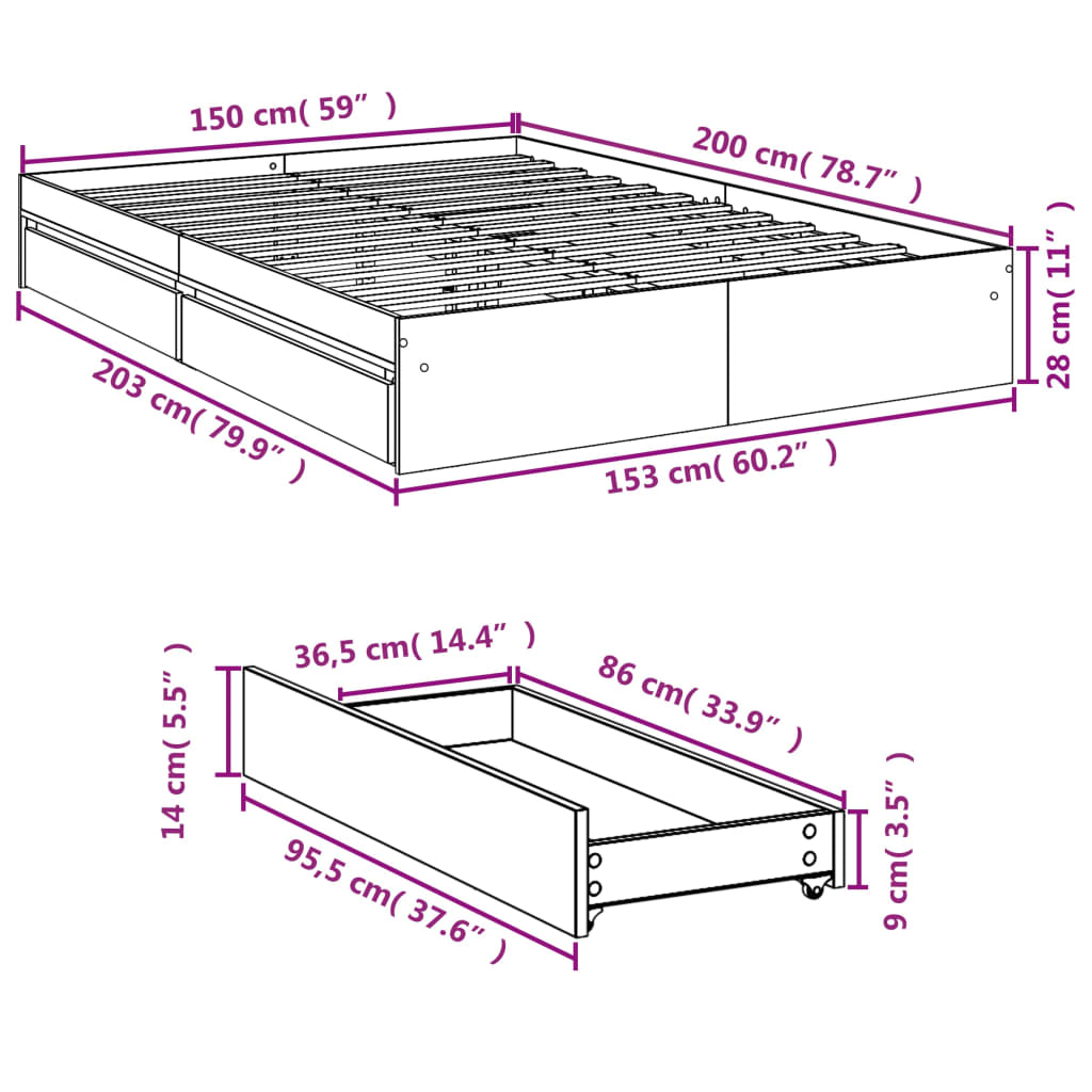 Bedframe met lades bewerkt hout betongrijs 150x200 cm is nu te koop bij PeponiXL, paradijselijk wonen!