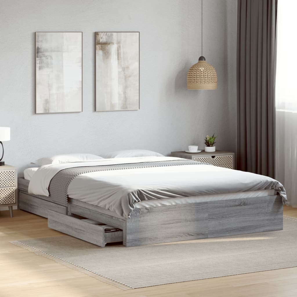Bedframe met lades bewerkt hout grijs sonoma eiken 150x200 cm is nu te koop bij PeponiXL, paradijselijk wonen!