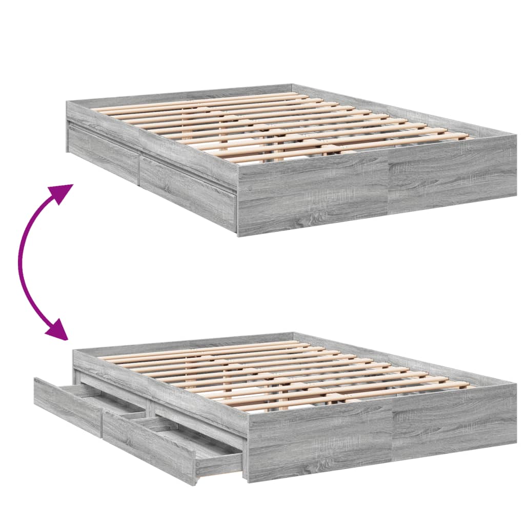 Bedframe met lades bewerkt hout grijs sonoma eiken 150x200 cm is nu te koop bij PeponiXL, paradijselijk wonen!