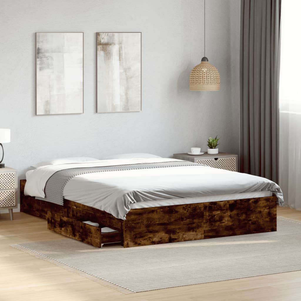 Bedframe met lades bewerkt hout gerookt eikenkleurig 140x200 cm is nu te koop bij PeponiXL, paradijselijk wonen!