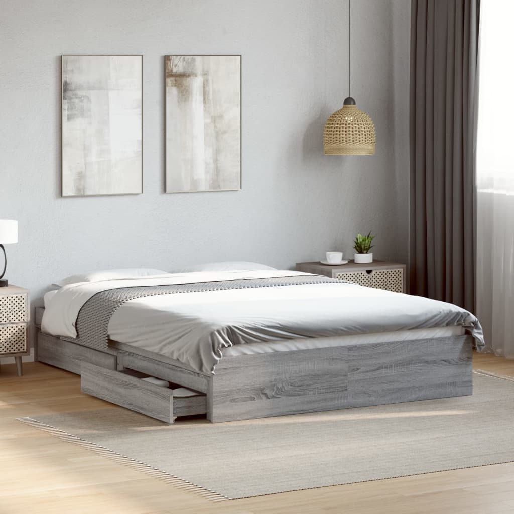 Bedframe met lades bewerkt hout grijs sonoma eiken 140x200 cm is nu te koop bij PeponiXL, paradijselijk wonen!
