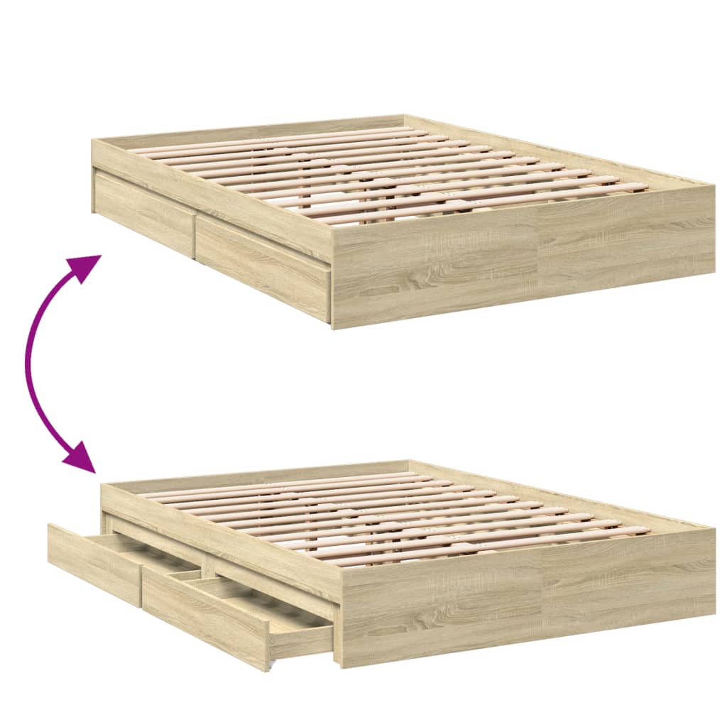 Bedframe met lades bewerkt hout sonoma eikenkleurig 120x200 cm is nu te koop bij PeponiXL, paradijselijk wonen!