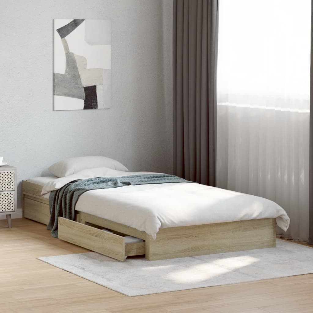 Bedframe met lades bewerkt hout sonoma eikenkleurig 100x200 cm is nu te koop bij PeponiXL, paradijselijk wonen!
