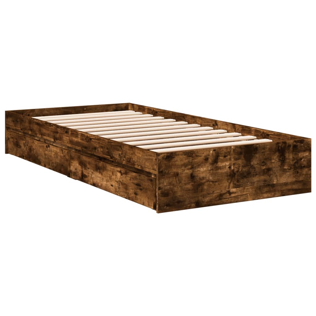 Bedframe met lades bewerkt hout gerookt eikenkleurig 100x200 cm is nu te koop bij PeponiXL, paradijselijk wonen!