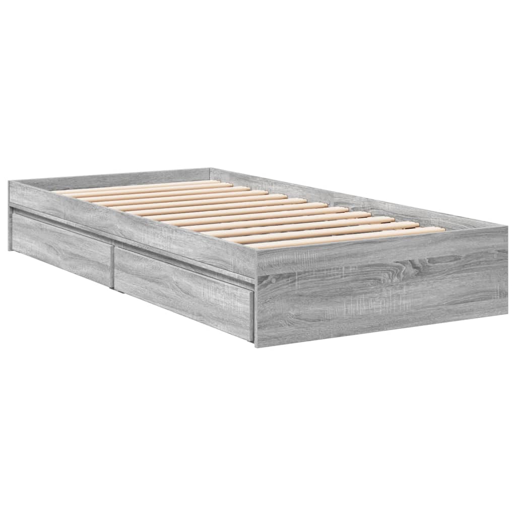 Bedframe met lades bewerkt hout grijs sonoma eiken 100x200 cm is nu te koop bij PeponiXL, paradijselijk wonen!