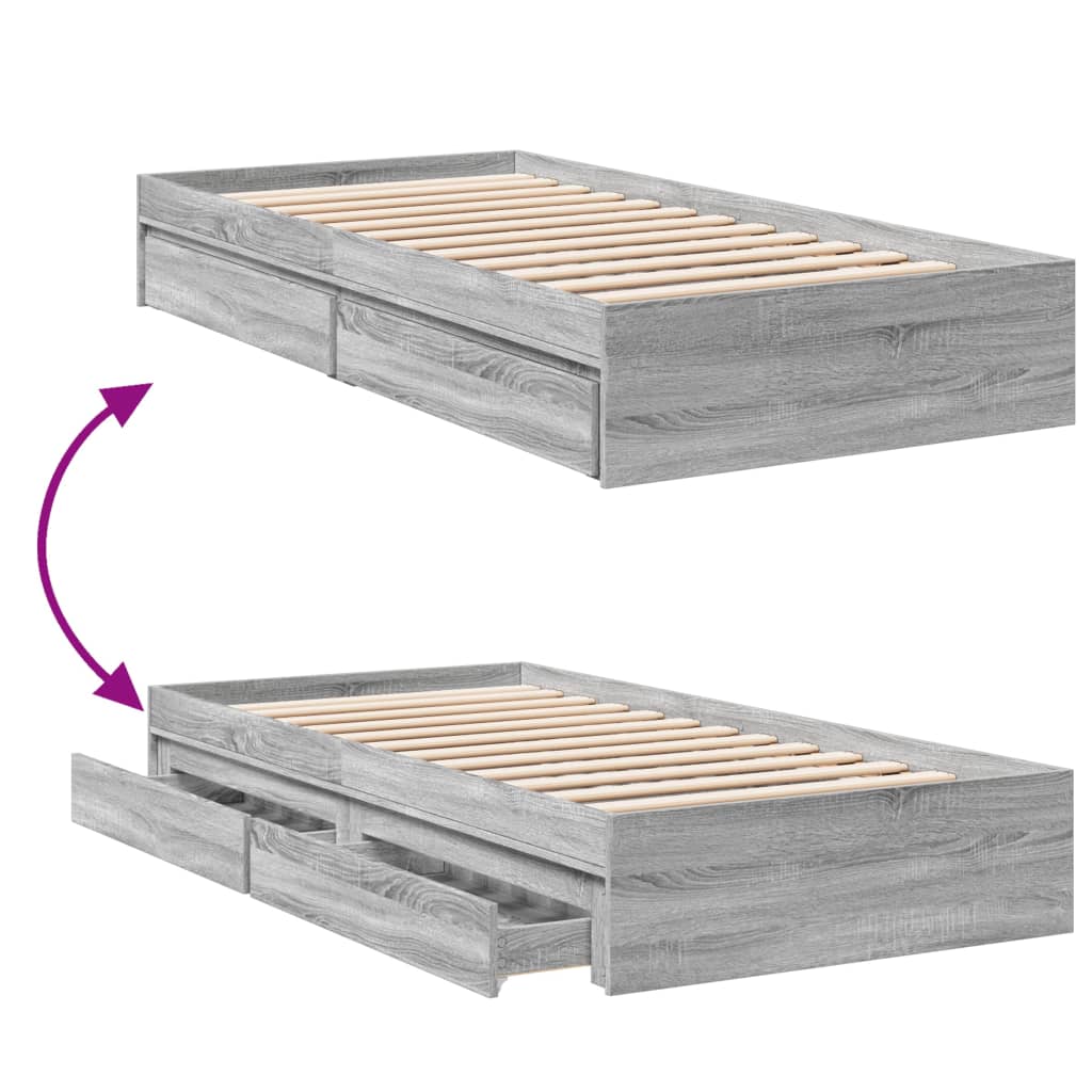 Bedframe met lades bewerkt hout grijs sonoma eiken 100x200 cm is nu te koop bij PeponiXL, paradijselijk wonen!