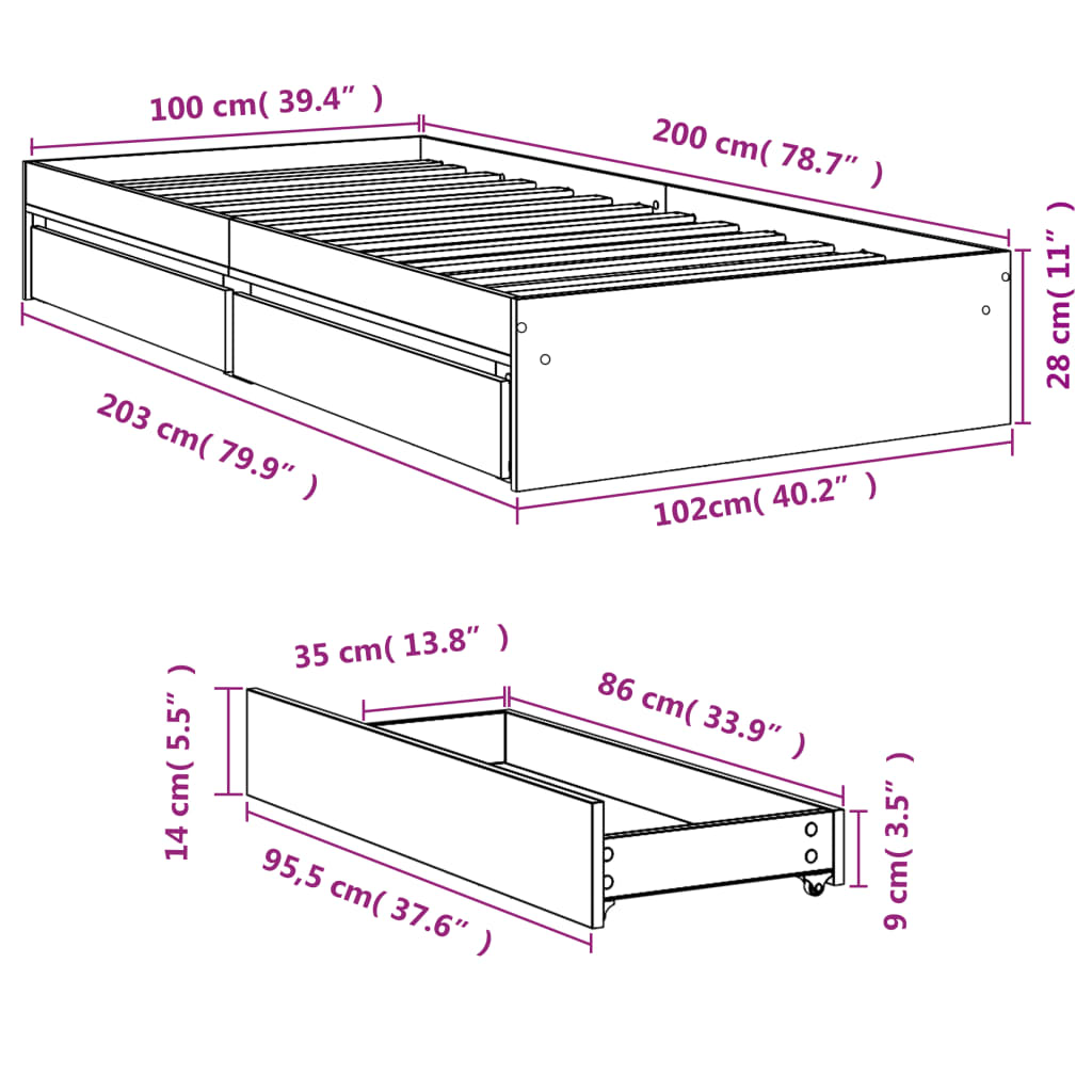 Bedframe met lades bewerkt hout grijs sonoma eiken 100x200 cm is nu te koop bij PeponiXL, paradijselijk wonen!