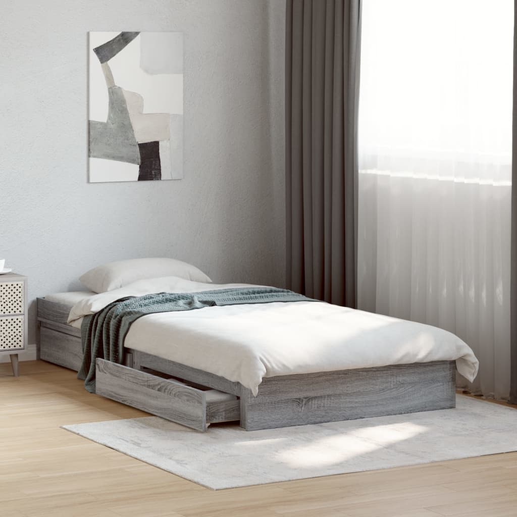 Bedframe met lades bewerkt hout grijs sonoma eiken 100x200 cm is nu te koop bij PeponiXL, paradijselijk wonen!