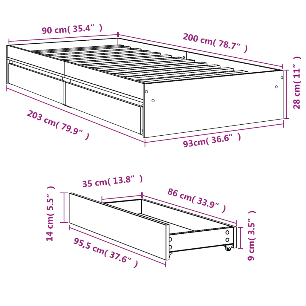 Bedframe met lades bewerkt hout wit 90x200 cm is nu te koop bij PeponiXL, paradijselijk wonen!
