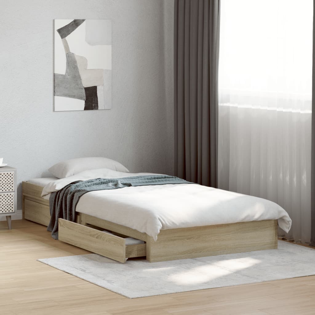 Bedframe met lades bewerkt hout sonoma eikenkleurig 90x200 cm is nu te koop bij PeponiXL, paradijselijk wonen!