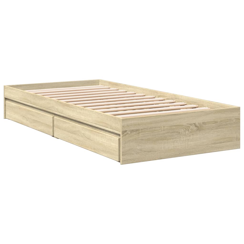 Bedframe met lades bewerkt hout sonoma eikenkleurig 90x200 cm is nu te koop bij PeponiXL, paradijselijk wonen!
