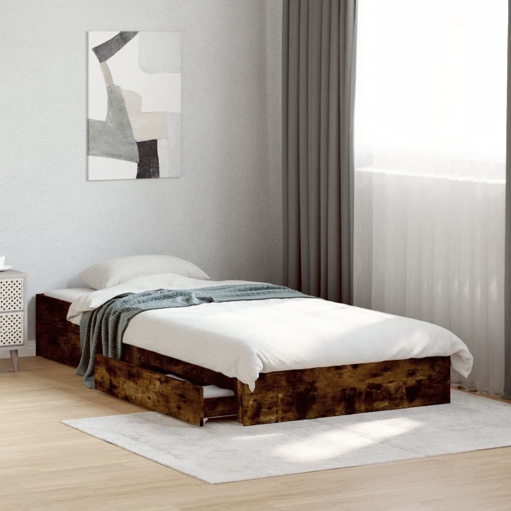 Bedframe met lades bewerkt hout gerookt eikenkleurig 90x200 cm is nu te koop bij PeponiXL, paradijselijk wonen!