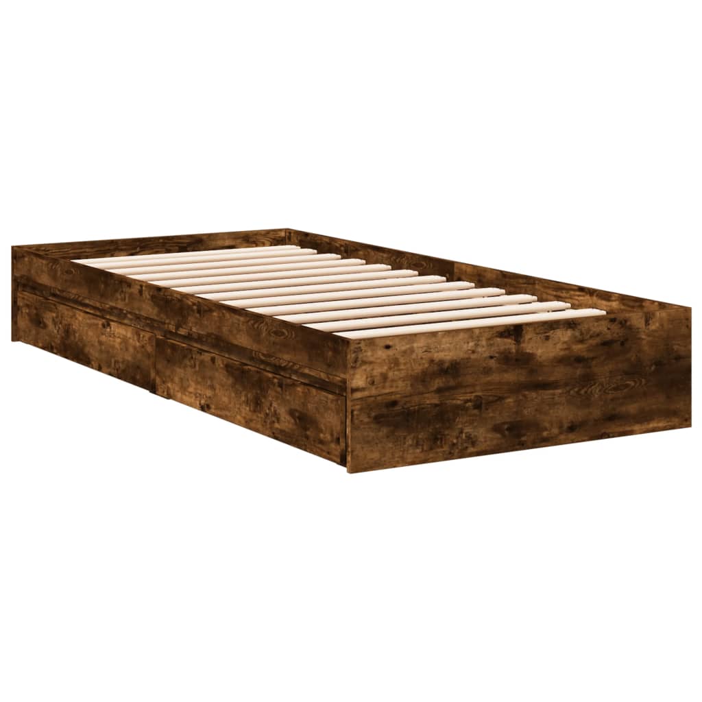 Bedframe met lades bewerkt hout gerookt eikenkleurig 90x200 cm is nu te koop bij PeponiXL, paradijselijk wonen!