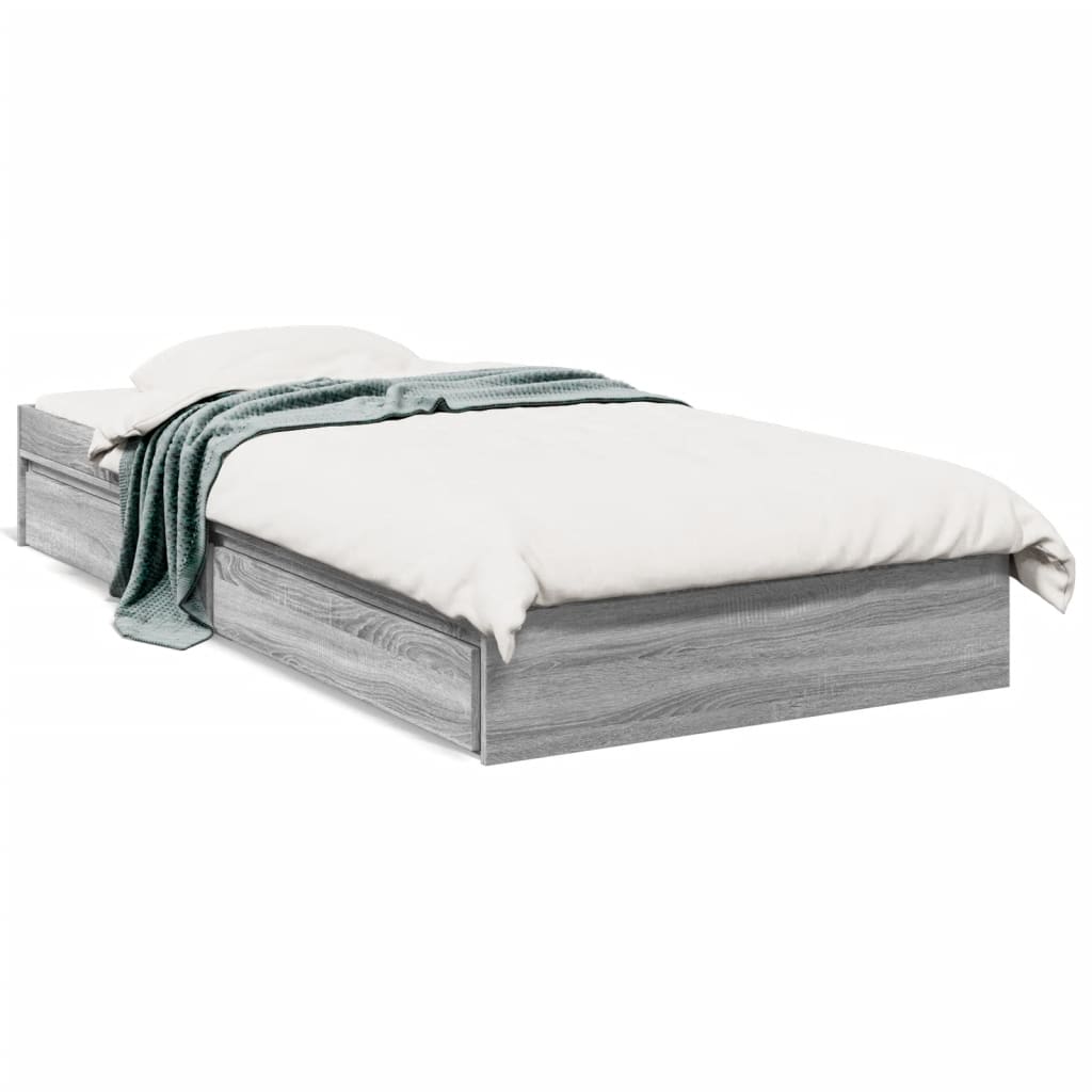 Bedframe met lades bewerkt hout grijs sonoma eiken 90x200 cm is nu te koop bij PeponiXL, paradijselijk wonen!