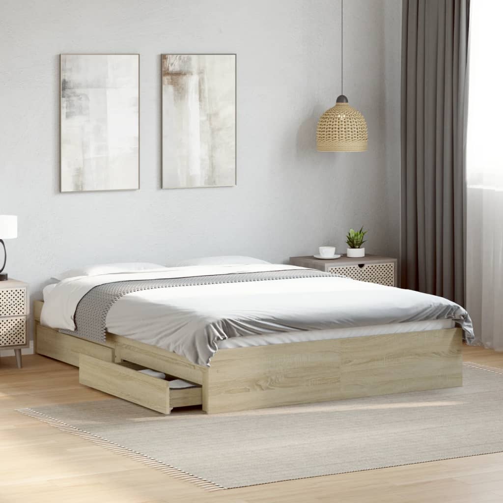 Bedframe met lades bewerkt hout sonoma eikenkleurig 140x190 cm is nu te koop bij PeponiXL, paradijselijk wonen!