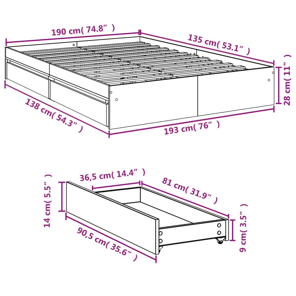 Bedframe met lades bewerkt hout sonoma eikenkleurig 135x190 cm is nu te koop bij PeponiXL, paradijselijk wonen!