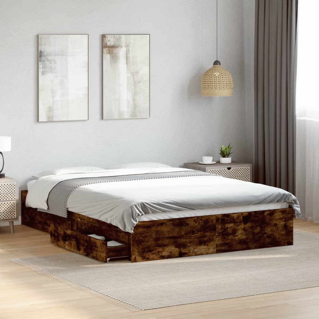 Bedframe met lades bewerkt hout gerookt eikenkleurig 135x190 cm is nu te koop bij PeponiXL, paradijselijk wonen!