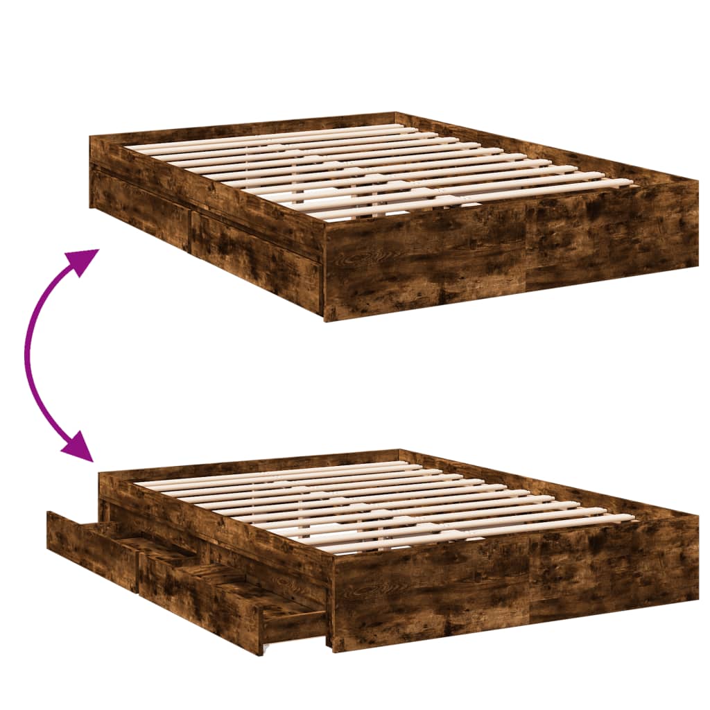 Bedframe met lades bewerkt hout gerookt eikenkleurig 135x190 cm is nu te koop bij PeponiXL, paradijselijk wonen!