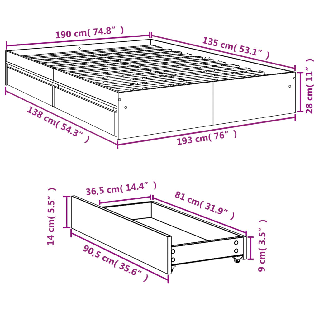 Bedframe met lades bewerkt hout gerookt eikenkleurig 135x190 cm is nu te koop bij PeponiXL, paradijselijk wonen!