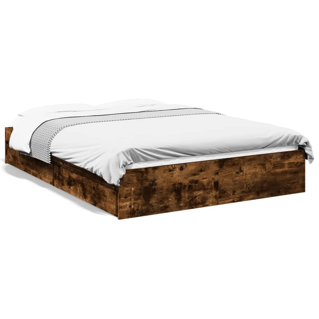 Bedframe met lades bewerkt hout gerookt eikenkleurig 135x190 cm is nu te koop bij PeponiXL, paradijselijk wonen!