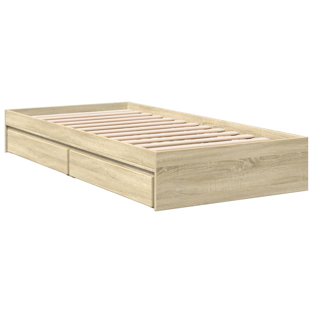 Bedframe met lades bewerkt hout sonoma eikenkleurig 90x190 cm is nu te koop bij PeponiXL, paradijselijk wonen!