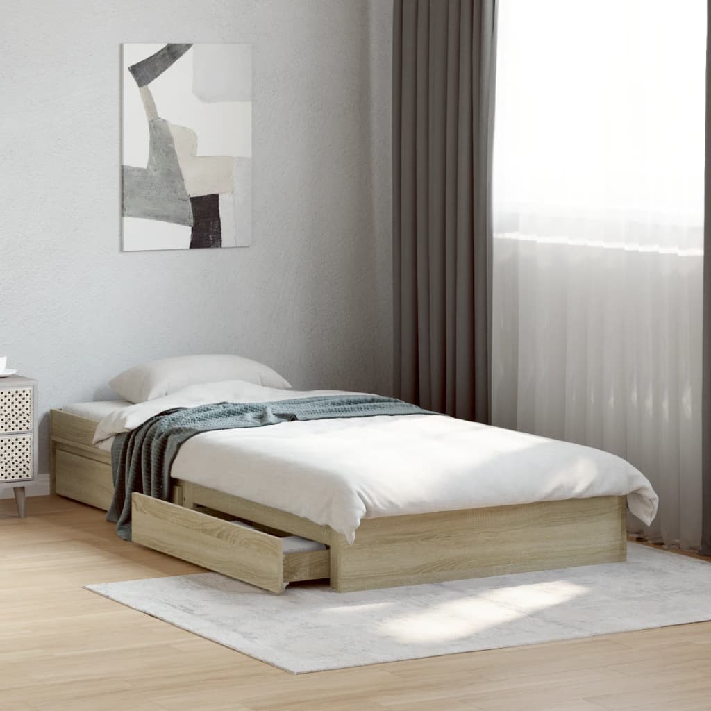 Bedframe met lades bewerkt hout sonoma eikenkleurig 90x190 cm is nu te koop bij PeponiXL, paradijselijk wonen!