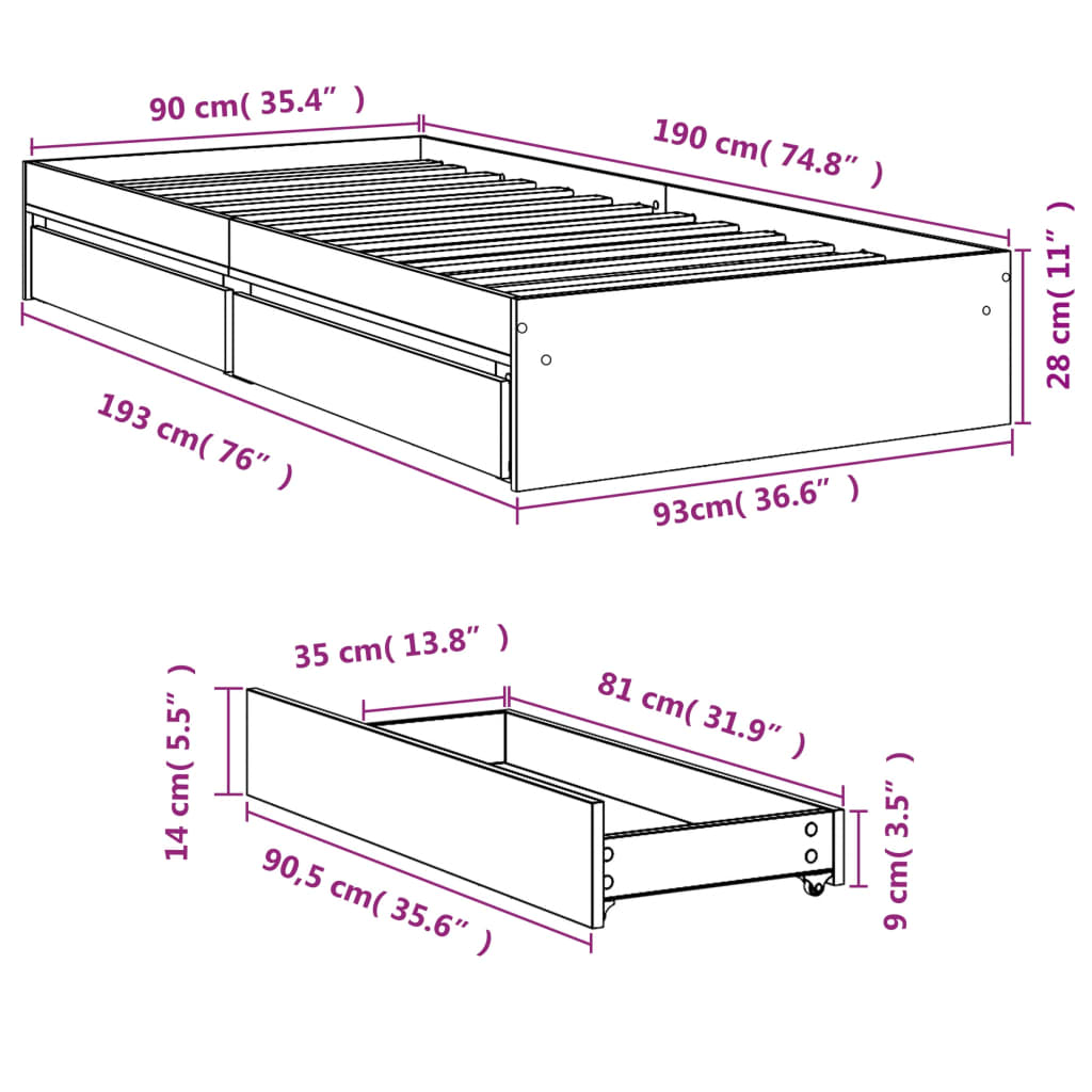 Bedframe met lades bewerkt hout betongrijs 90x190 cm is nu te koop bij PeponiXL, paradijselijk wonen!