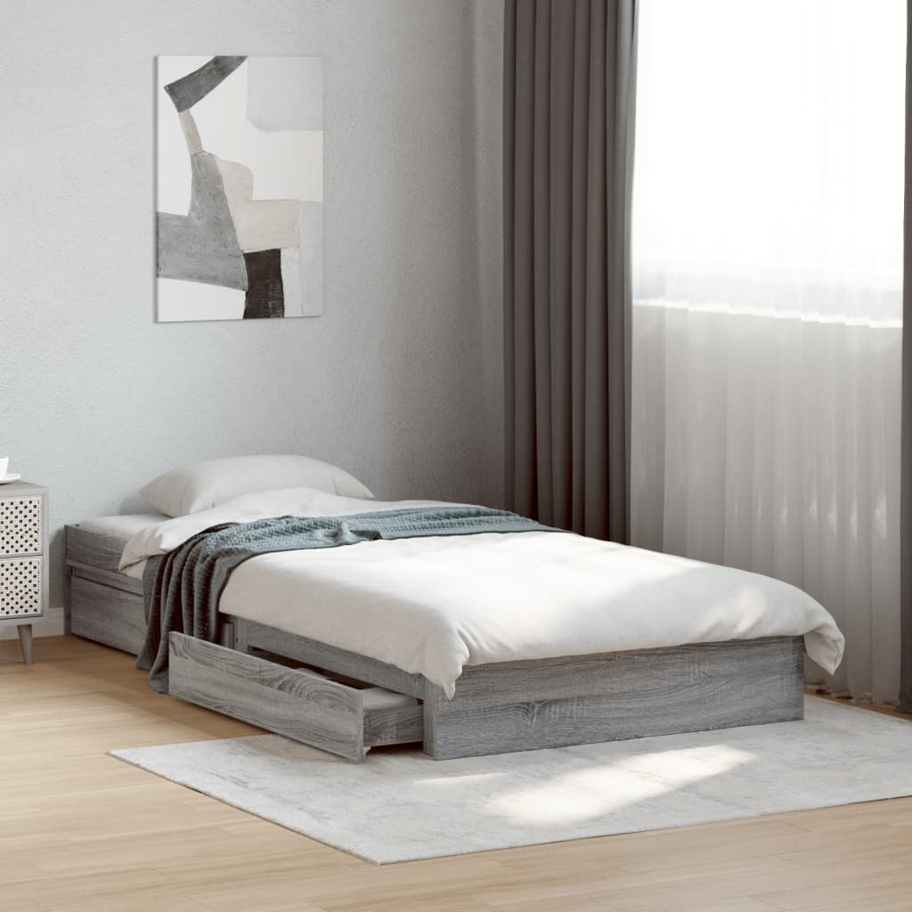 Bedframe met lades bewerkt hout grijs sonoma eiken 90x190 cm is nu te koop bij PeponiXL, paradijselijk wonen!