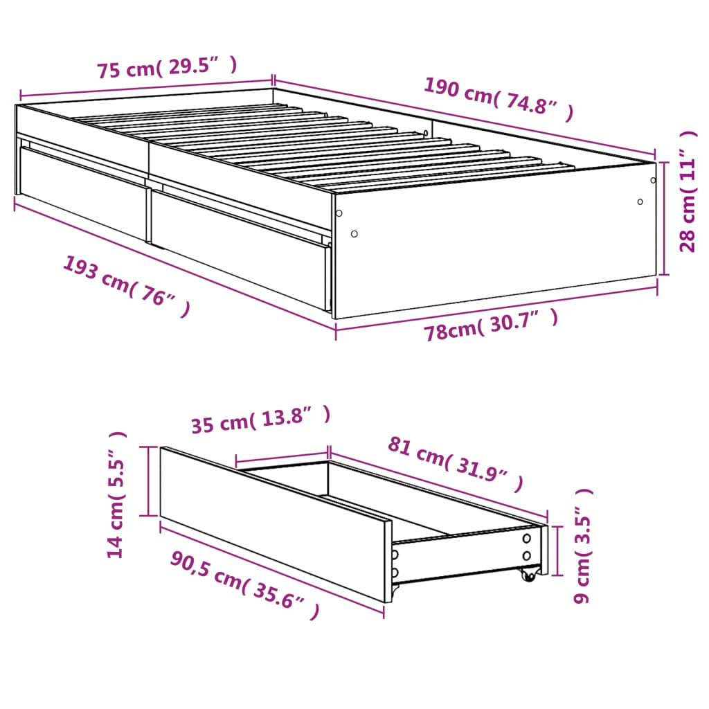 Bedframe met lades bewerkt hout wit 75x190 cm is nu te koop bij PeponiXL, paradijselijk wonen!