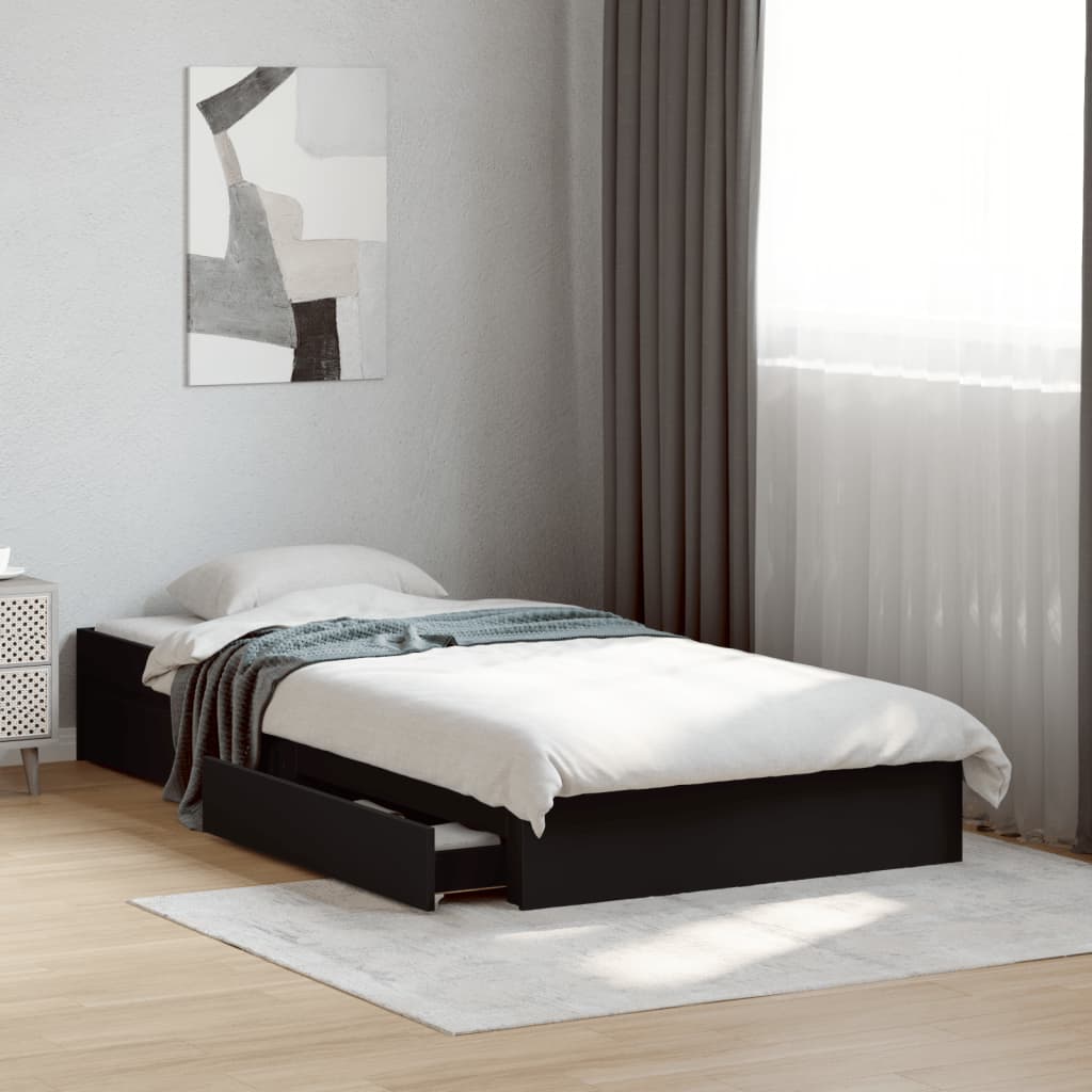 Bedframe met lades bewerkt hout zwart 75x190 cm is nu te koop bij PeponiXL, paradijselijk wonen!
