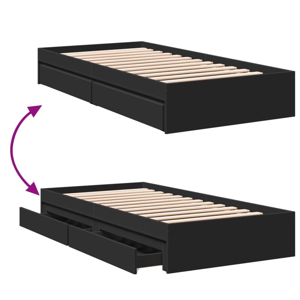 Bedframe met lades bewerkt hout zwart 75x190 cm is nu te koop bij PeponiXL, paradijselijk wonen!
