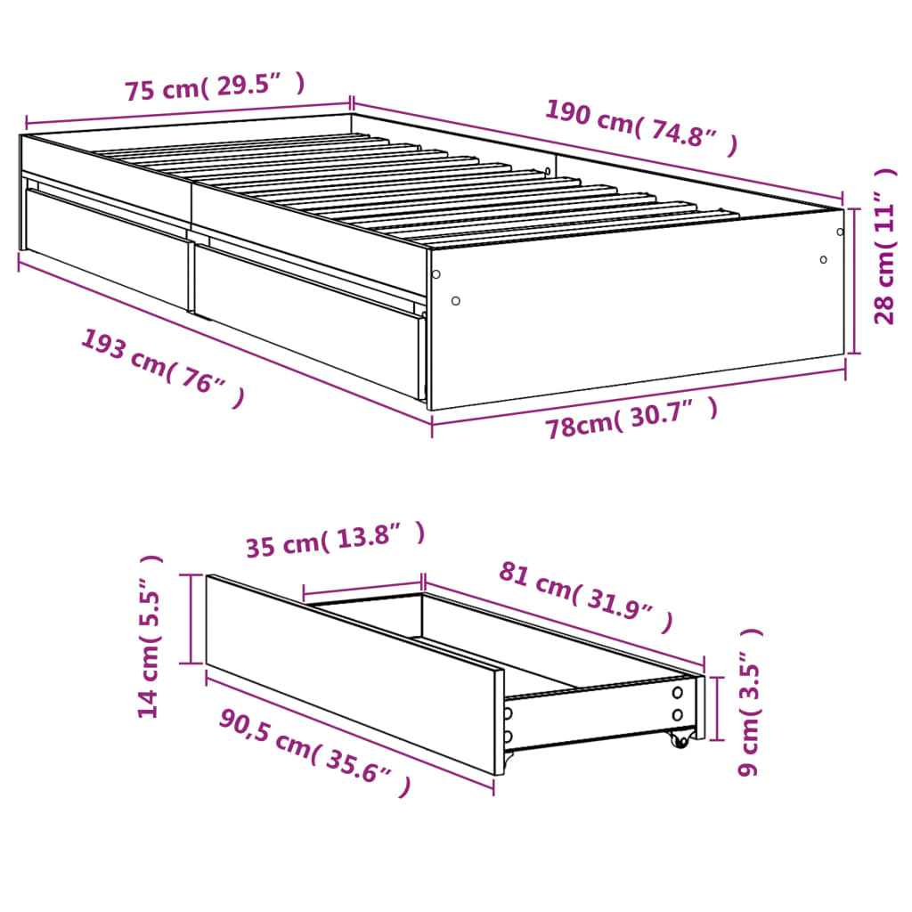 Bedframe met lades bewerkt hout zwart 75x190 cm is nu te koop bij PeponiXL, paradijselijk wonen!