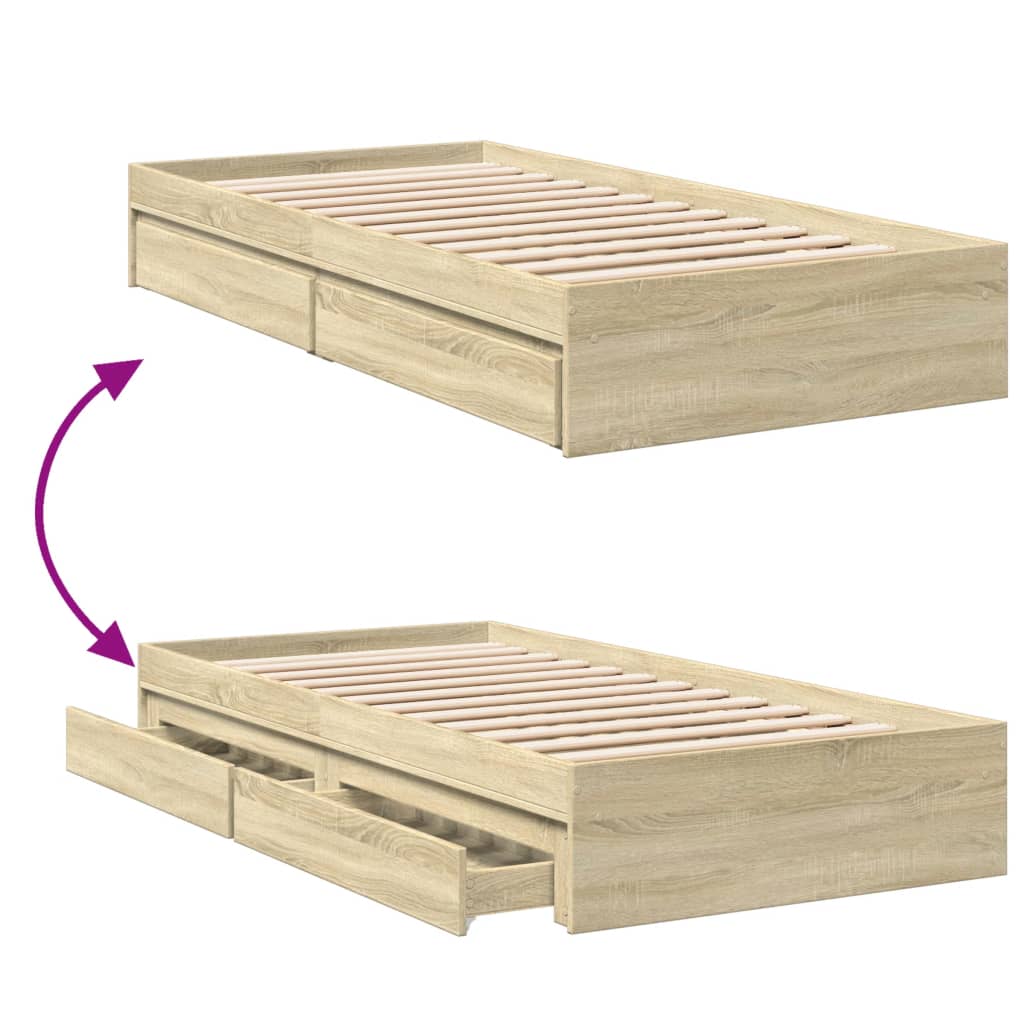 Bedframe met lades bewerkt hout sonoma eikenkleurig 75x190 cm is nu te koop bij PeponiXL, paradijselijk wonen!