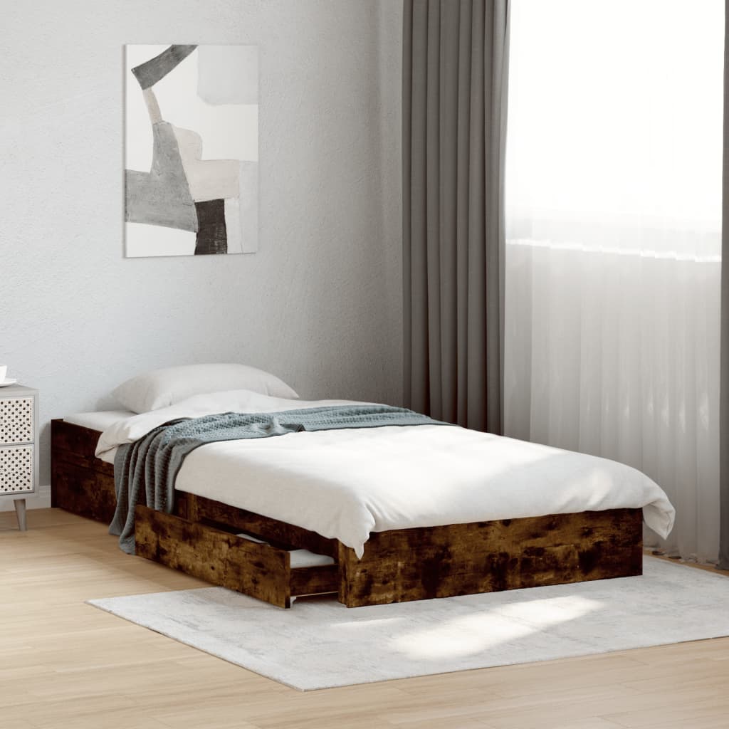 Bedframe met lades bewerkt hout gerookt eikenkleurig 75x190 cm is nu te koop bij PeponiXL, paradijselijk wonen!