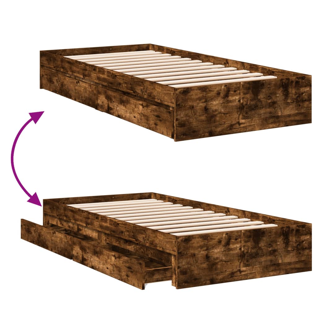 Bedframe met lades bewerkt hout gerookt eikenkleurig 75x190 cm is nu te koop bij PeponiXL, paradijselijk wonen!