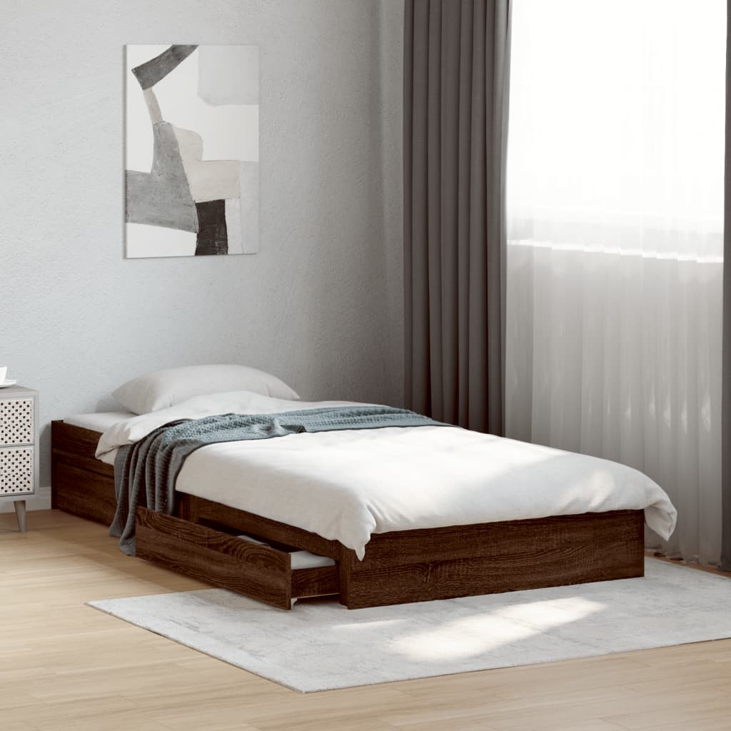 Bedframe met lades bewerkt hout bruin eikenkleurig 75x190 cm is nu te koop bij PeponiXL, paradijselijk wonen!